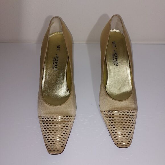 St. John Gold Satin Sequin Studded Toe Cap Heel Pumps Made in Italy Vintage SZ 8 - Picture 2 of 11